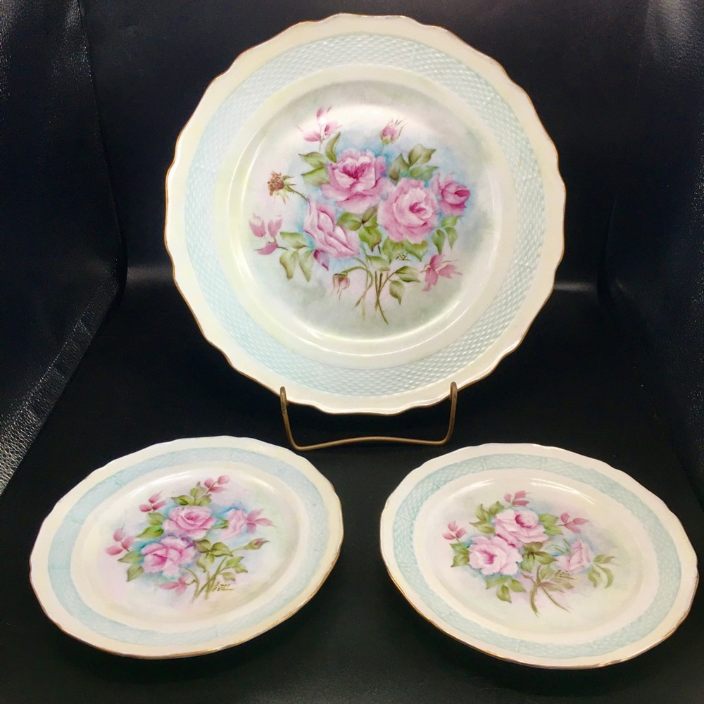 3Pc Kaiser Blue, Pink & Green Scalloped Floral Dishes, West Germany VTG